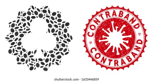 Mosaic clubs token icon and red rounded rubber stamp seal with Contraband text and coronavirus symbol. Mosaic vector is designed with clubs token icon and with scattered ellipse spots.
