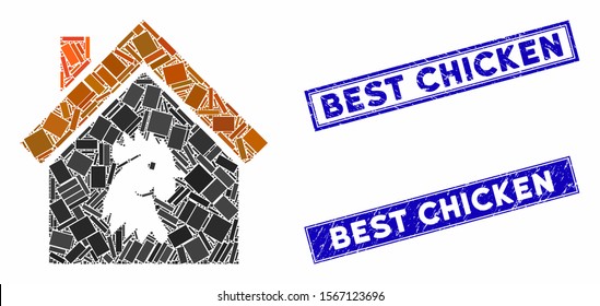 Mosaic cock house pictogram and rectangular seal stamps. Flat vector cock house mosaic pictogram of scattered rotated rectangular items. Blue caption seal stamps with distress textures.