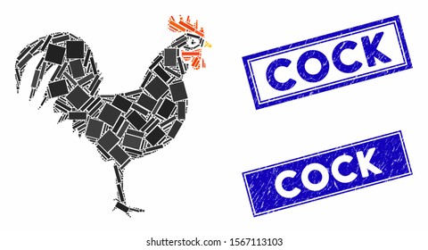 Mosaic cock icon and rectangular seal stamps. Flat vector cock mosaic icon of scattered rotated rectangular elements. Blue caption seal stamps with rubber texture.