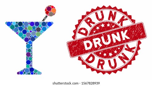 Mosaic cocktail and rubber stamp seal with Drunk caption. Mosaic vector is created with cocktail icon and with random spheric items. Drunk stamp uses red color, and rubber texture.