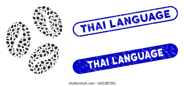 Mosaic cocoa beans and grunge stamp seals with Thai Language text. Mosaic vector cocoa beans is formed with scattered oval dots. Thai Language stamp seals use blue color,