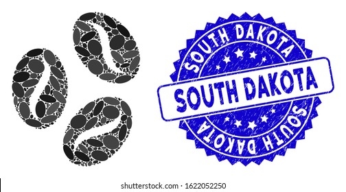 Mosaic cocoa beans icon and grunge stamp seal with South Dakota phrase. Mosaic vector is designed with cocoa beans icon and with scattered elliptic spots. South Dakota stamp seal uses blue color,