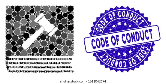 Mosaic code of conduct icon and corroded stamp seal with Code of Conduct text. Mosaic vector is created with code of conduct icon and with scattered circle items.