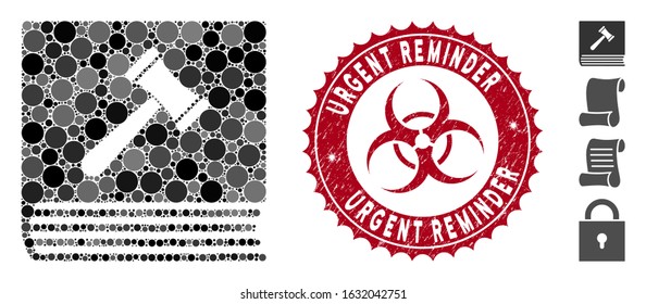 Mosaic code of conduct icon and distressed stamp seal with Urgent Reminder text and biohazard symbol. Mosaic vector is formed from code of conduct icon and with randomized round spots.