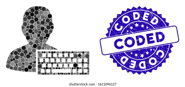 Mosaic coder icon and rubber stamp seal with Coded phrase. Mosaic vector is designed from coder pictogram and with randomized round spots. Coded stamp seal uses blue color, and scratched texture.