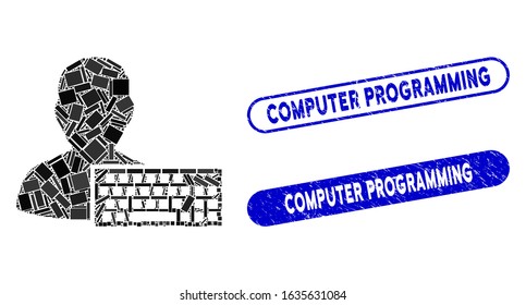 Mosaic coder and rubber stamp seals with Computer Programming phrase. Mosaic vector coder is composed with scattered rectangle items. Computer Programming stamp seals use blue color,