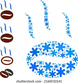 Icono de aroma de café mosaico está diseñado para invierno, Año Nuevo, Navidad. El mosaico de iconos de aroma de café está formado por elementos de nieve azul claro. Se agregan algunos iconos similares.