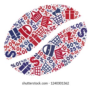 Mosaic coffee bean constructed with blue and red shopping symbols. Retail collage of mosaic coffee bean icon. Flat design for shopping posters.
