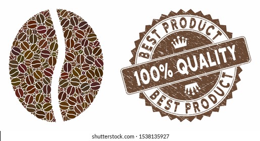 Mosaic coffee bean and corroded stamp seal with Best Product 100% Quality phrase. Mosaic vector coffee bean is formed with beans. Best Product 100% Quality seal uses chocolate color.