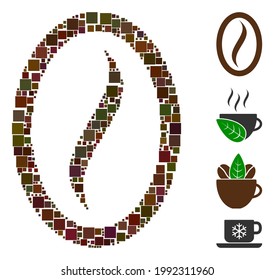 Mosaic Coffee bean icon organized from square items in random sizes and color hues. Vector square items are arranged into abstract mosaic coffee bean icon. Bonus pictograms are added.