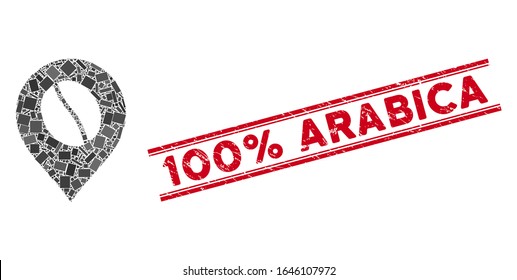 Mosaic coffee bean marker pictogram and red 100 Percent Arabica seal stamp between double parallel lines. Flat vector coffee bean marker mosaic pictogram of scattered rotated rectangular elements.