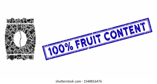 Mosaic coffee bean pack and grunge stamp seal with 100% Fruit Content phrase. Mosaic vector coffee bean pack is created with random rectangles. 100% Fruit Content stamp seal uses blue color.