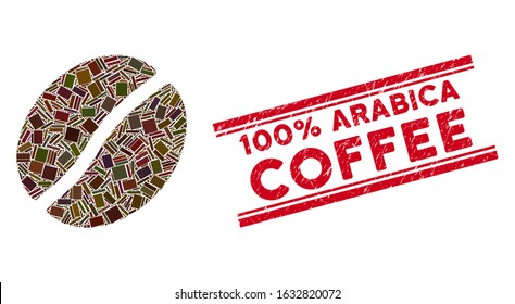 Mosaic coffee bean pictogram and red 100% Arabica Coffee seal stamp between double parallel lines. Flat vector coffee bean mosaic pictogram of randomized rotated rectangular items.
