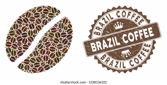 Mosaic coffee bean and rubber stamp seal with Brazil Coffee text. Mosaic vector coffee bean is formed with beans. Brazil Coffee seal uses chocolate color.