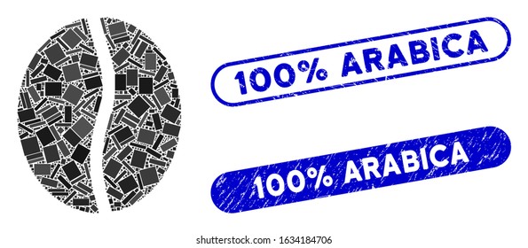 Mosaic coffee bean and rubber stamp seals with 100% Arabica text. Mosaic vector coffee bean is created with scattered rectangles. 100% Arabica stamp seals use blue color,