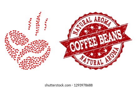 Mosaic coffee beans aroma created with red love hearts, and isolated rubber seal. Composition for Valentines Day.