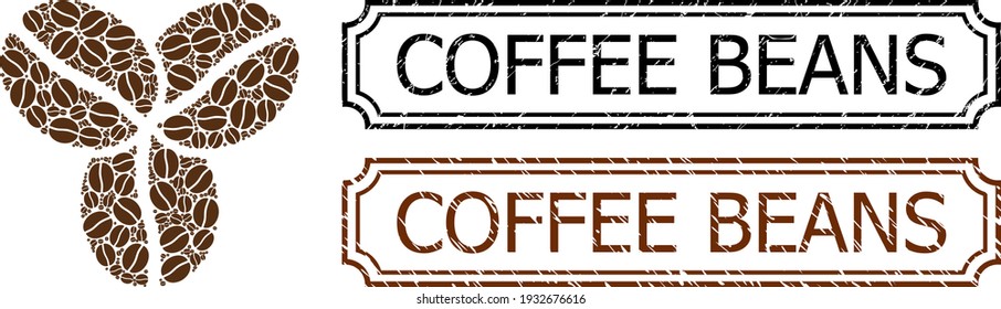 Granos de café mosaico compuestos de frijoles de cacao y estampillas rectangulares de granos de café con muelas. Los objetos de café vectorial se componen en un icono abstracto de frijol de café de color marrón.