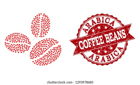 Mosaic coffee beans composed with red valentine hearts, and isolated rubber watermark. Composition for Valentines Day. Coffee beans concept constructed with small randomized amour heart icons.