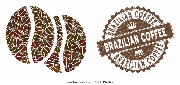 Granos de café mosaico y marca de agua corroída con la frase del café brasileño. Los granos de café vectorial de mosaico se crean con semillas. El sello de café brasileño usa color marrón.
