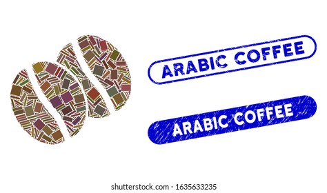 Mosaic coffee beans and distressed stamp seals with Arabic Coffee phrase. Mosaic vector coffee beans is formed with random rectangle items. Arabic Coffee stamp seals use blue color,