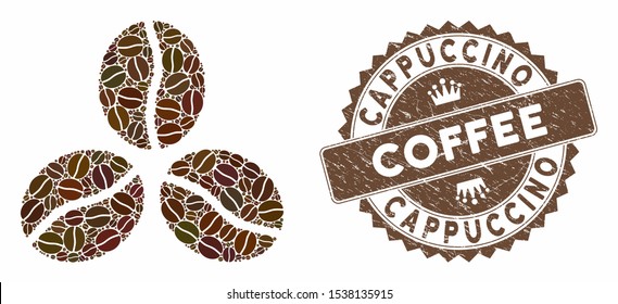 Mosaic coffee beans and grunge stamp watermark with Cappuccino Coffee caption. Mosaic vector coffee beans is created with beans. Cappuccino Coffee stamp uses brown color.