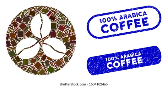 Mosaic coffee beans and grunge stamp seals with 100% Arabica Coffee text. Mosaic vector coffee beans is composed with random rectangles. 100% Arabica Coffee stamp seals use blue color,