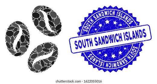 Mosaic coffee beans icon and corroded stamp seal with South Sandwich Islands caption. Mosaic vector is formed with coffee beans icon and with scattered oval spots.