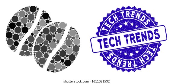 Mosaic coffee beans icon and distressed stamp seal with Tech Trends text. Mosaic vector is composed with coffee beans pictogram and with scattered spheric elements.