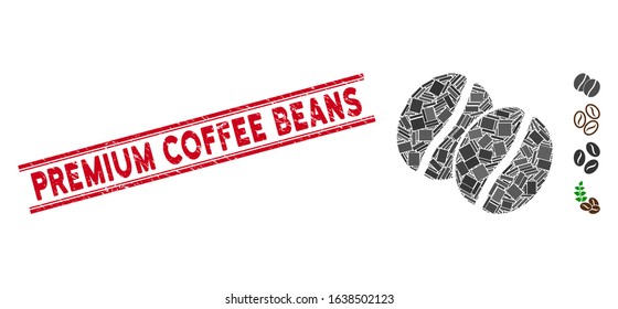 Mosaic coffee beans icon and red Premium Coffee Beans stamp between double parallel lines. Flat vector coffee beans mosaic icon of random rotated rectangular elements.