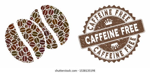 Mosaic coffee beans and rubber stamp seal with Caffeine Free text. Mosaic vector coffee beans is designed with grain. Caffeine Free seal uses chocolate color.