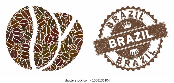 Mosaic coffee beans and rubber stamp watermark with Brazil text. Mosaic vector coffee beans is designed with seeds. Brazil stamp uses brown color.