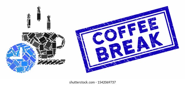 Mosaic coffee break and corroded stamp seal with Coffee Break phrase. Mosaic vector coffee break is formed with randomized rectangle items. Coffee Break stamp seal uses blue color.