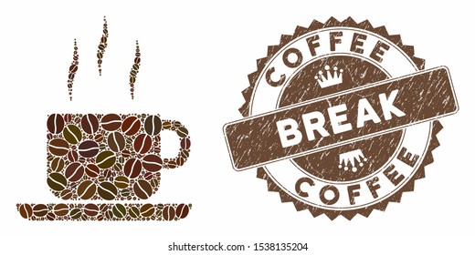 Mosaic coffee break and distressed stamp seal with Coffee Break phrase. Mosaic vector coffee break is created with grain. Coffee Break stamp uses brown color.