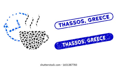 Mosaic coffee break and distressed stamp seals with Thassos, Greece phrase. Mosaic vector coffee break is designed with scattered ellipse dots. Thassos, Greece stamp seals use blue color,