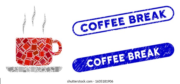 Mosaic coffee break and grunge stamp seals with Coffee Break phrase. Mosaic vector coffee break is composed with randomized rectangle items. Coffee Break stamp seals use blue color,