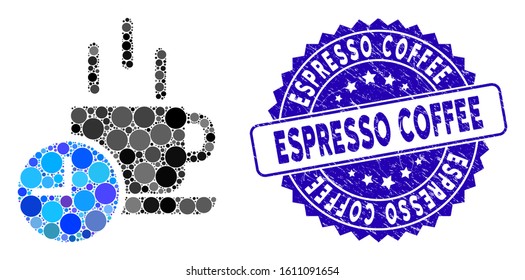 Mosaic coffee break icon and corroded stamp seal with Espresso Coffee caption. Mosaic vector is created from coffee break icon and with scattered spheric elements.