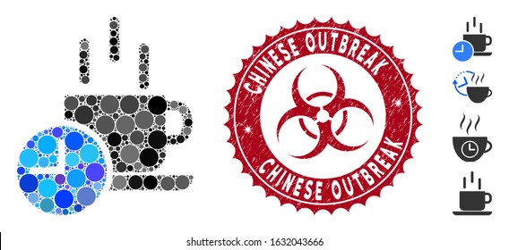 Mosaic coffee break icon and distressed stamp seal with Chinese Outbreak phrase and biohazard symbol. Mosaic vector is composed with coffee break icon and with scattered circle spots.