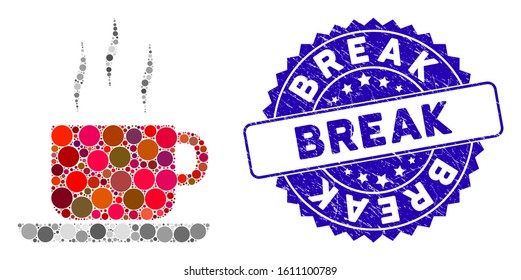 Mosaic coffee break icon and grunge stamp seal with Break text. Mosaic vector is designed with coffee break icon and with randomized circle spots. Break stamp seal uses blue color, and dirty surface.