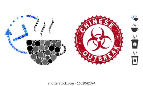 Mosaic coffee break icon and grunge stamp seal with Chinese Outbreak caption and biohazard symbol. Mosaic vector is designed with coffee break pictogram and with randomized spheric items.