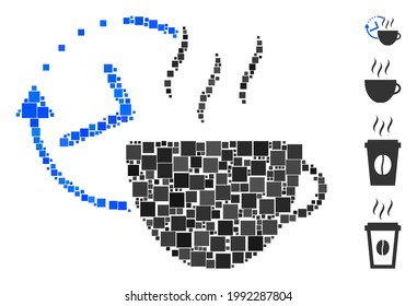Mosaic Coffee break icon organized from square elements in random sizes and color hues. Vector square items are organized into abstract composition coffee break icon. Bonus pictograms are added.
