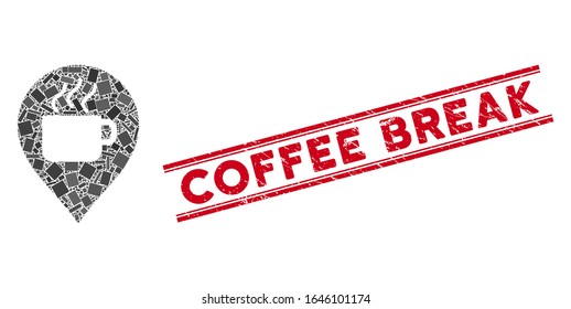 Icono de marcador de taza de café mosaico y marca de agua roja Coffee Break entre líneas paralelas dobles. Icono de mosaico de marcador de taza de café plana de elementos rectangulares rotados aleatoriamente.