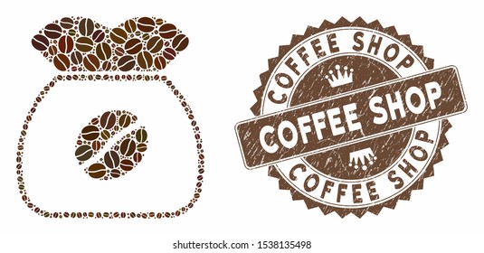 Mosaic coffee grain and grunge stamp seal with Coffee Shop text. Mosaic vector coffee grain is composed with grain. Coffee Shop seal uses chocolate color.