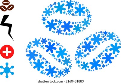 Icono de granos de café mosaico se hace para invierno, Año Nuevo, Navidad. El mosaico de iconos de los granos de café está hecho con elementos de nieve azul claro. Se añaden algunos iconos adicionales.