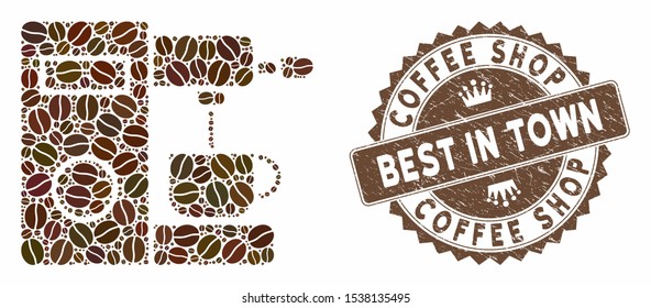 Mosaic coffee machine and distressed stamp watermark with Coffee Shop Best in Town caption. Mosaic vector coffee machine is created with grain. Coffee Shop Best in Town stamp uses brown color.