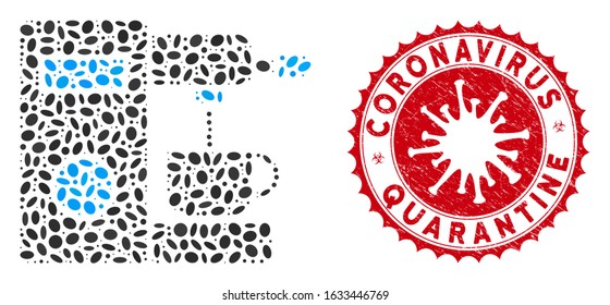Mosaic coffee machine icon and red round rubber stamp watermark with Coronavirus Quarantine text and coronavirus symbol.