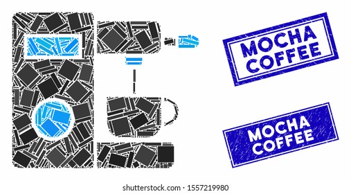 Mosaic coffee machine pictogram and rectangle watermarks. Flat vector coffee machine mosaic pictogram of randomized rotated rectangle items. Blue caption watermarks with dirty textures.