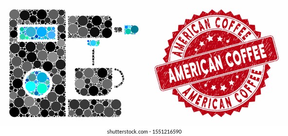 Mosaic coffee machine and rubber stamp seal with American Coffee caption. Mosaic vector is composed with coffee machine icon and with randomized spheric items.