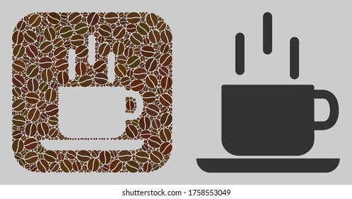 Mosaic coffee mug from coffee beans and basic icon. Subtraction mosaic coffee mug is formed from cocoa seeds. Abstract vector illustrations elements for coffeeshop illustrations.