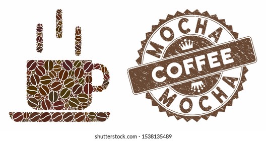 Mosaic coffee mug and corroded stamp seal with Mocha Coffee caption. Mosaic vector coffee mug is designed with beans. Mocha Coffee stamp uses brown color.