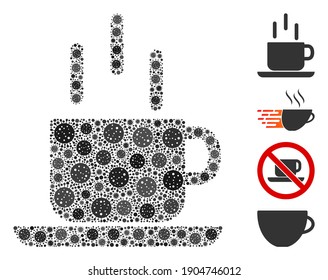 Mosaic coffee mug designed from flu virus items in various sizes and color hues. Vector infection items are combined into abstract mosaic coffee mug icon. Some bonus icons are added.
